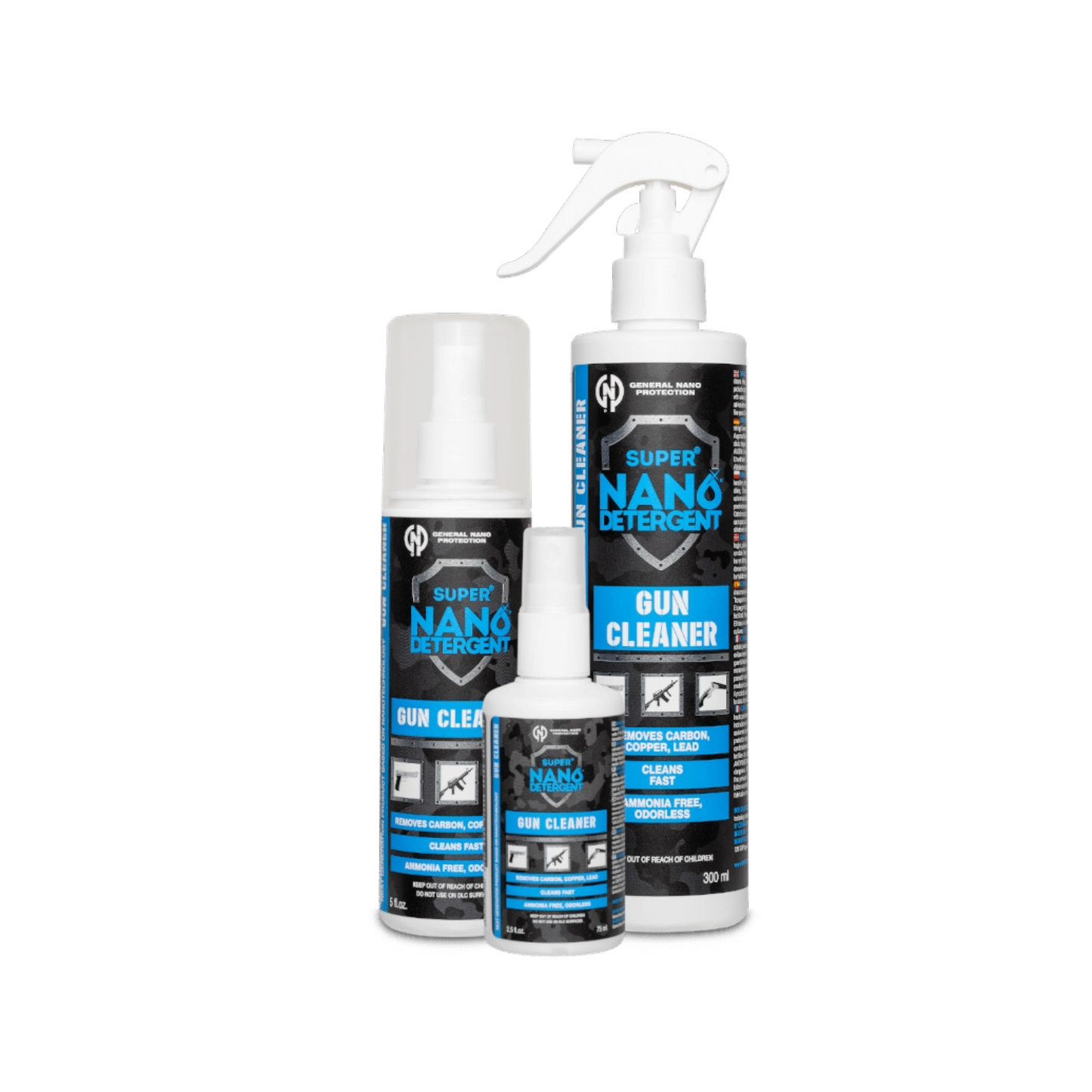 Three bottles of gun cleaner in small, medium, and large sizes lined up side-by-side